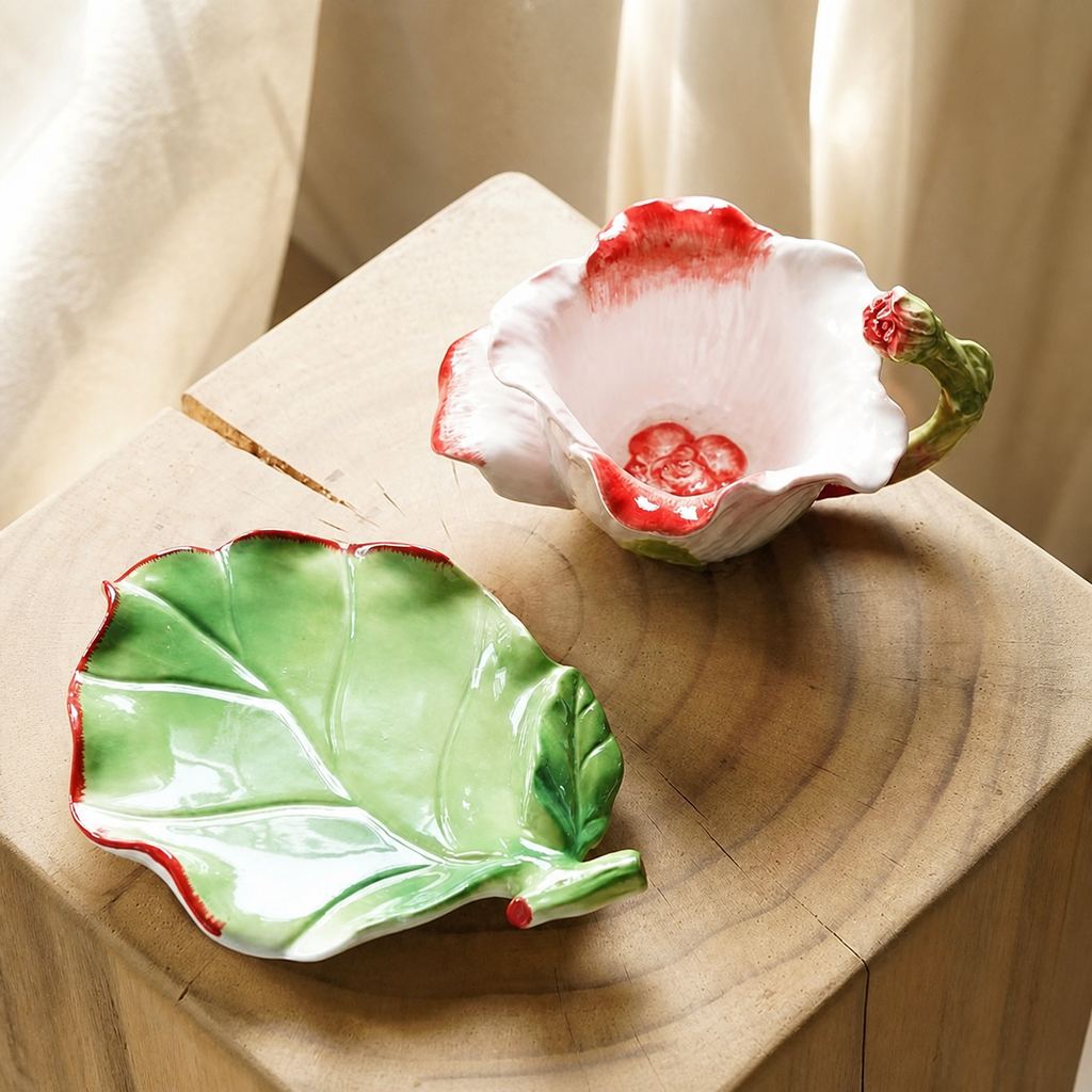 Rose Ceramic Tea Cup and Saucer – Floral Petal Coffee Cup Set