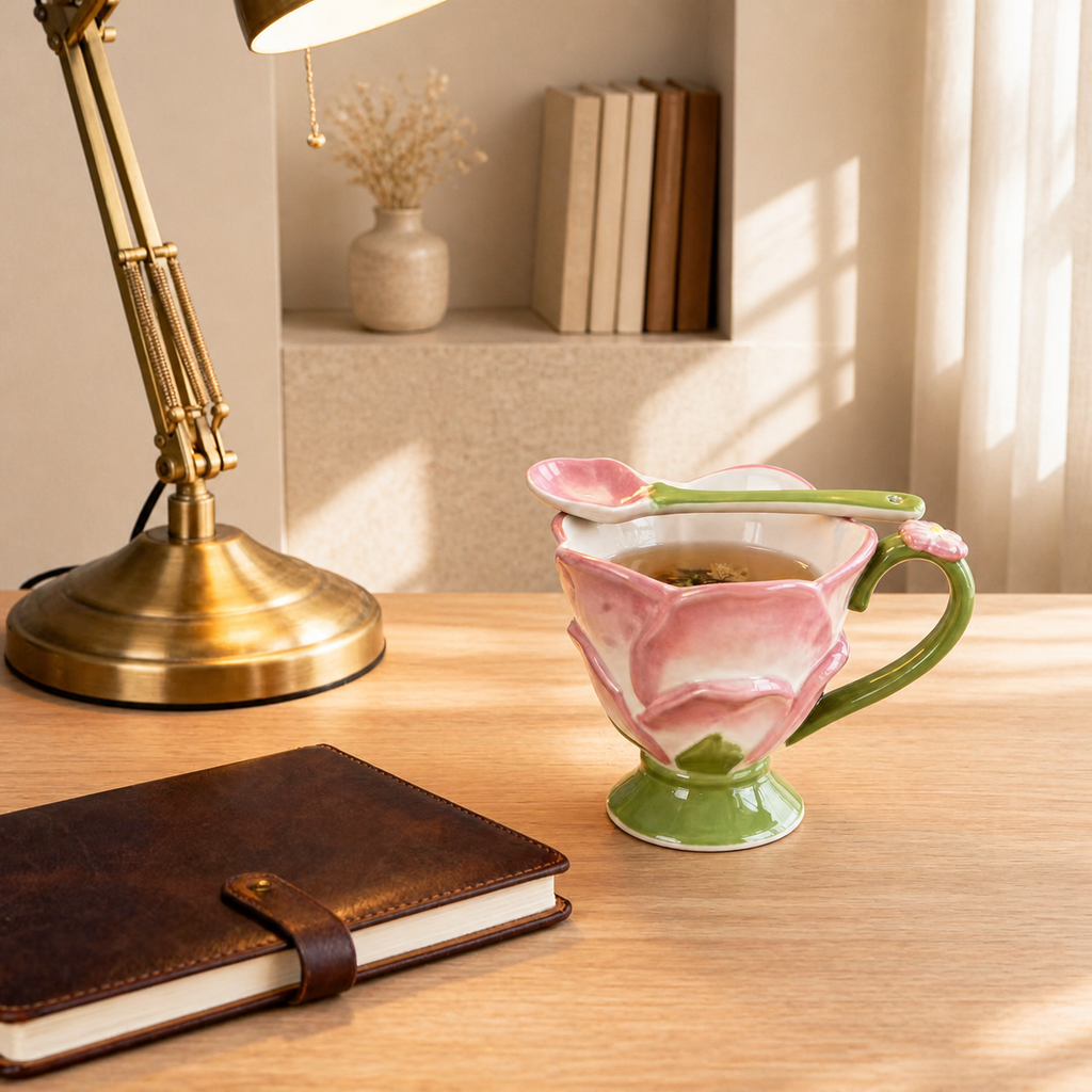 Pink Lotus Ceramic Mug – 350ml Floral Coffee Cup with Spoon