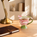 Pink Lotus Ceramic Mug – 350ml Floral Coffee Cup with Spoon