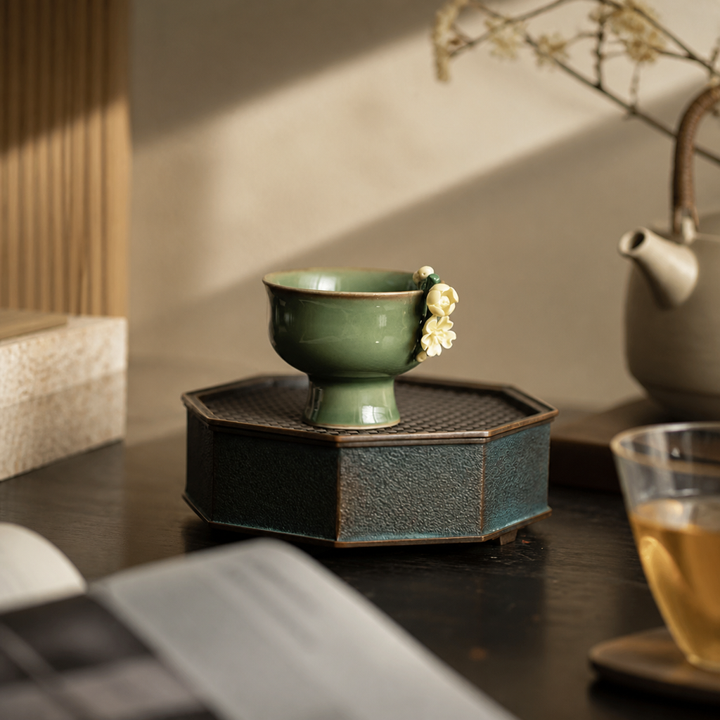 Green Ceramic Tea Cup – Vintage Floral High Foot Chinese Gongfu Tea Cup