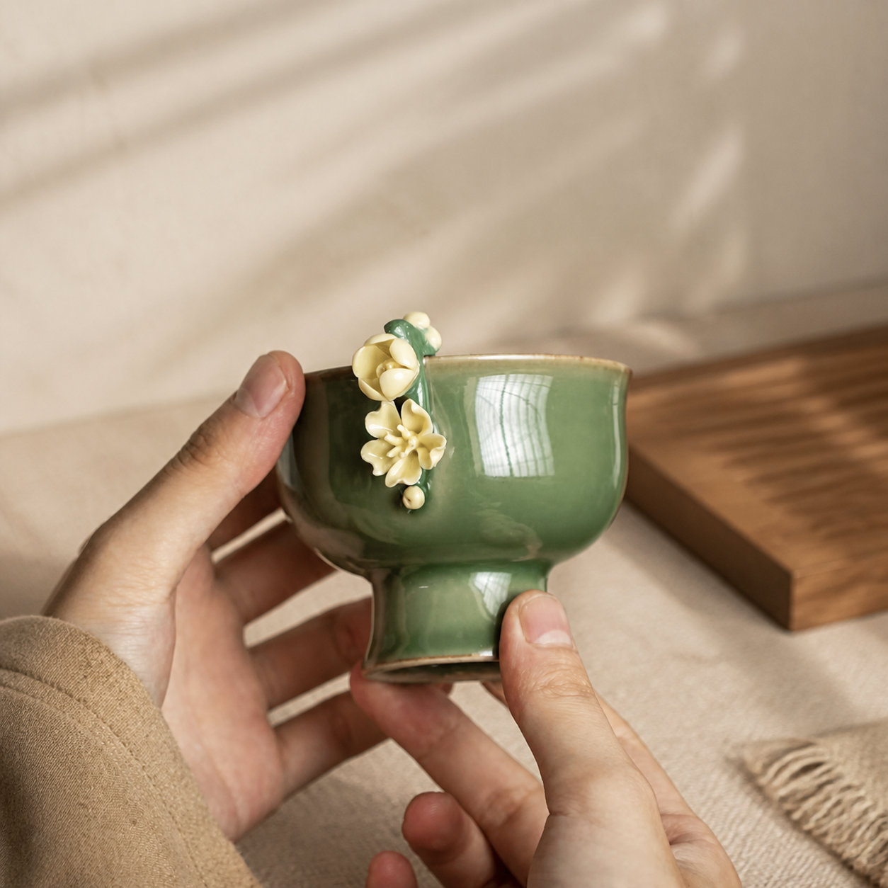 Green Ceramic Tea Cup – Vintage Floral High Foot Chinese Gongfu Tea Cup