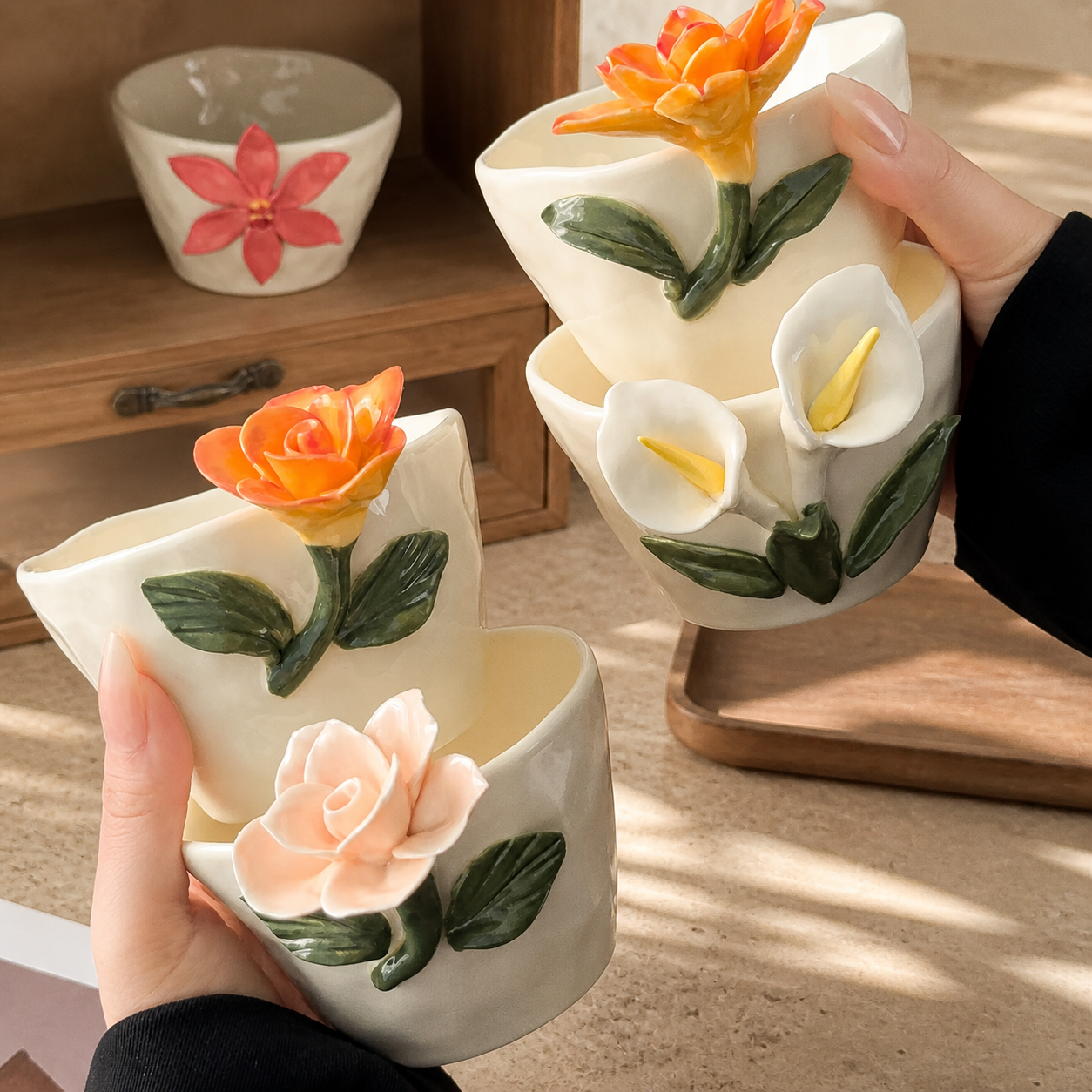 3D Floral Ceramic Mug – Handmade Style Flower Coffee Cup 260ml