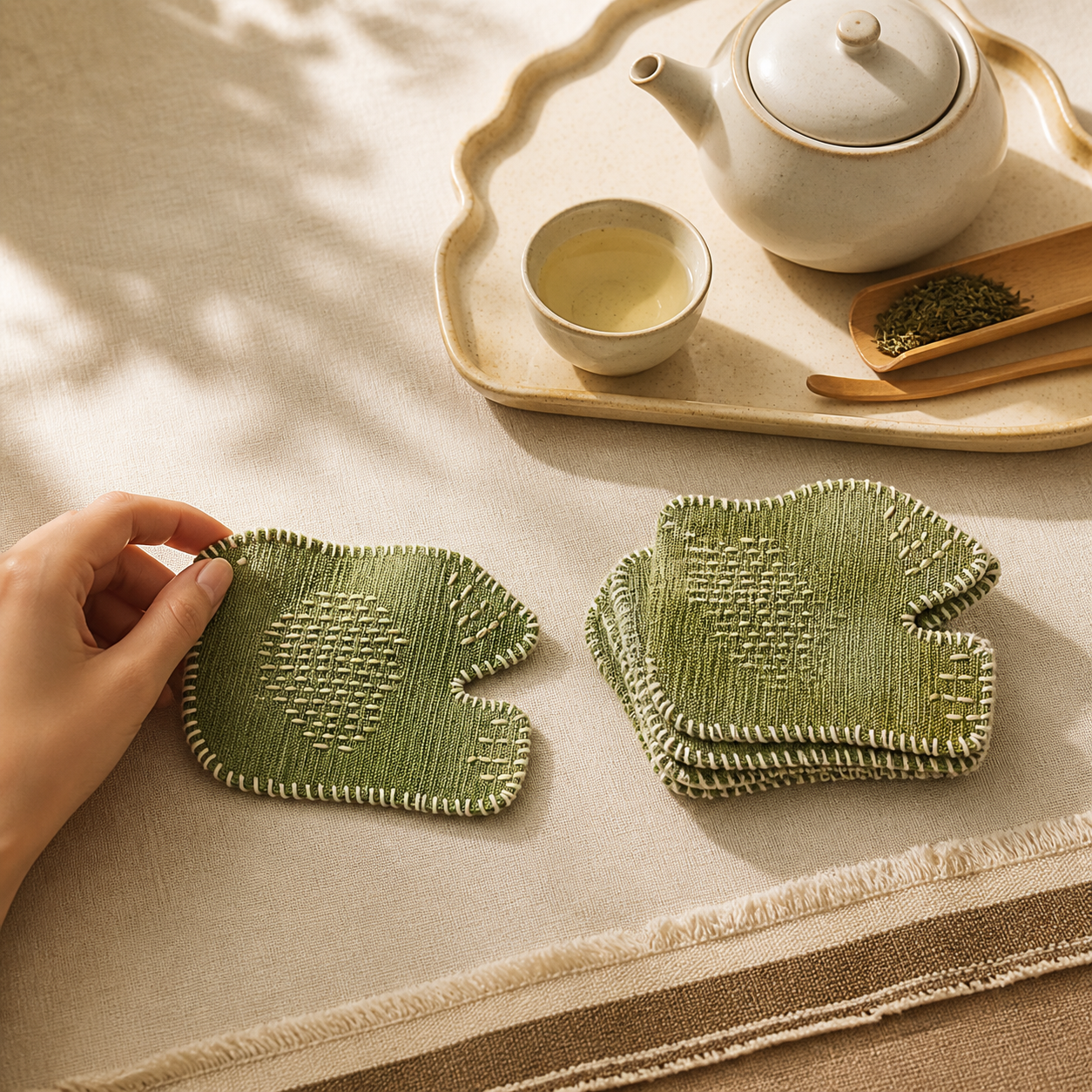 Hand Embroidered Swallow Mug Rug – Cotton Linen Bird Coaster & Heat Resistant Tea Cup Mat