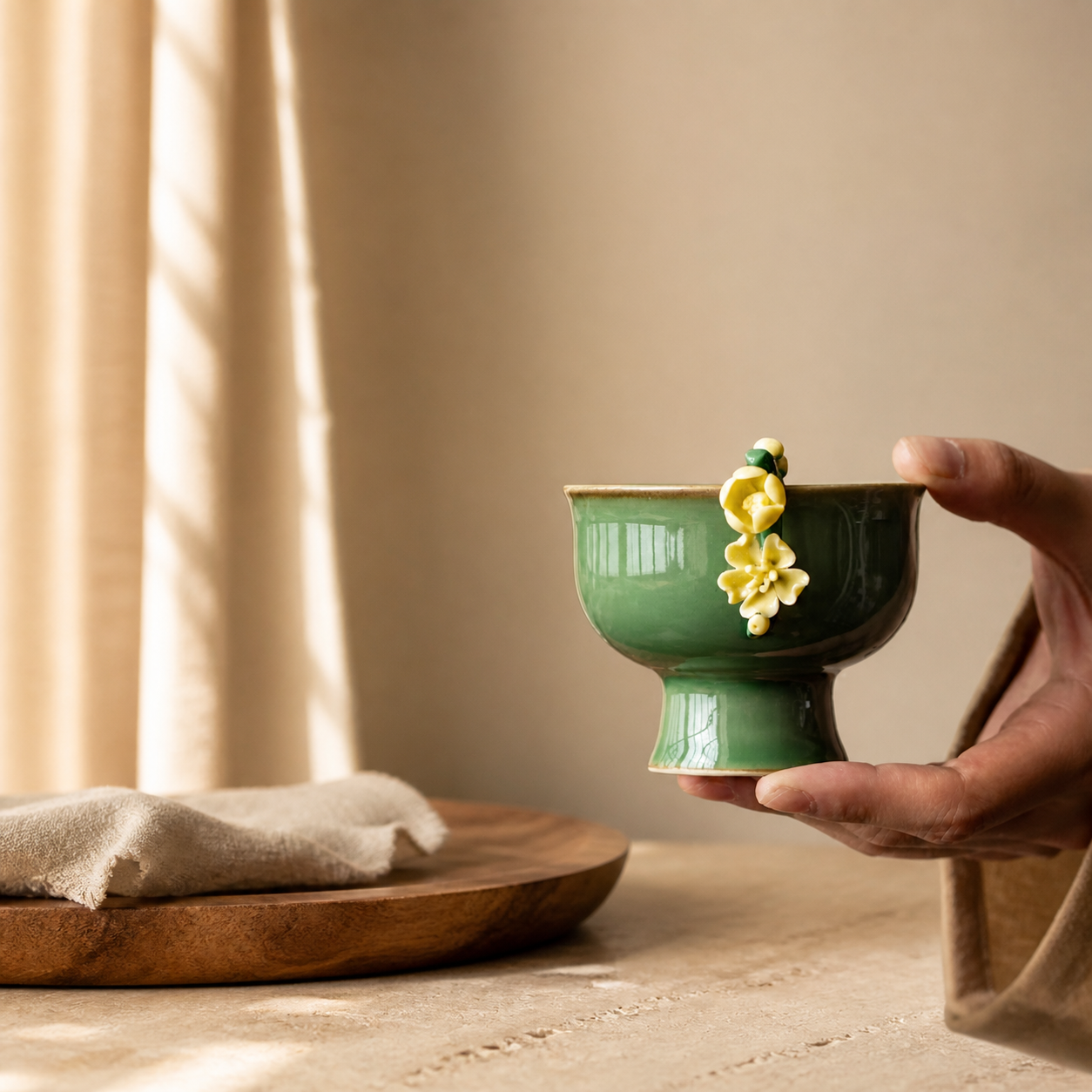 Green Ceramic Tea Cup – Vintage Floral High Foot Chinese Gongfu Tea Cup