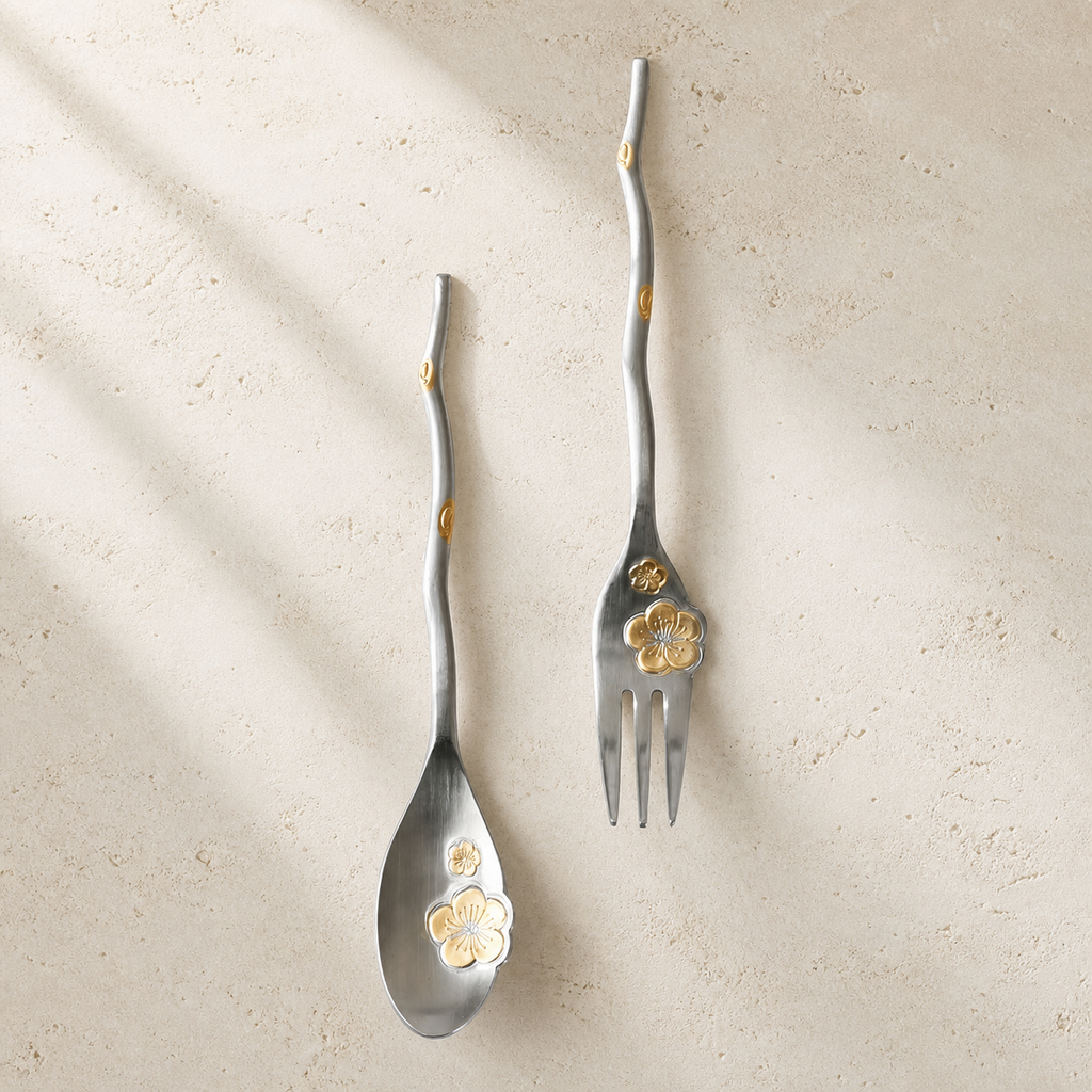 Cherry Blossom Stainless Steel Spoon & Fork, Japanese Floral Dessert Utensil, Gold Accent Coffee Tea Cutlery