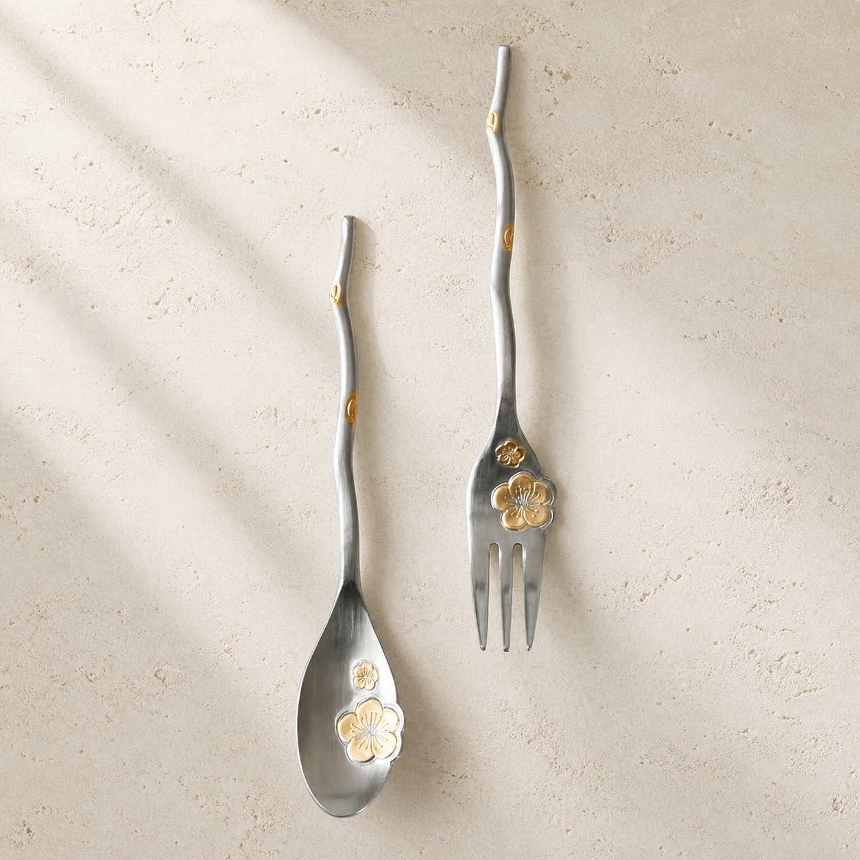 Cherry Blossom Stainless Steel Spoon & Fork, Japanese Floral Dessert Utensil, Gold Accent Coffee Tea Cutlery