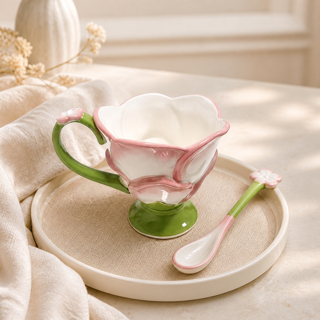 Pink Lotus Ceramic Mug – 350ml Floral Coffee Cup with Spoon