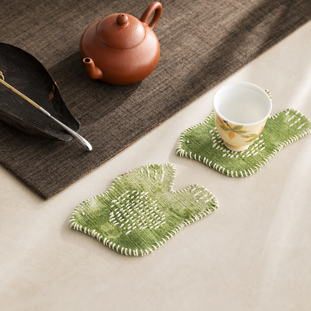 Hand Embroidered Swallow Mug Rug – Cotton Linen Bird Coaster & Heat Resistant Tea Cup Mat