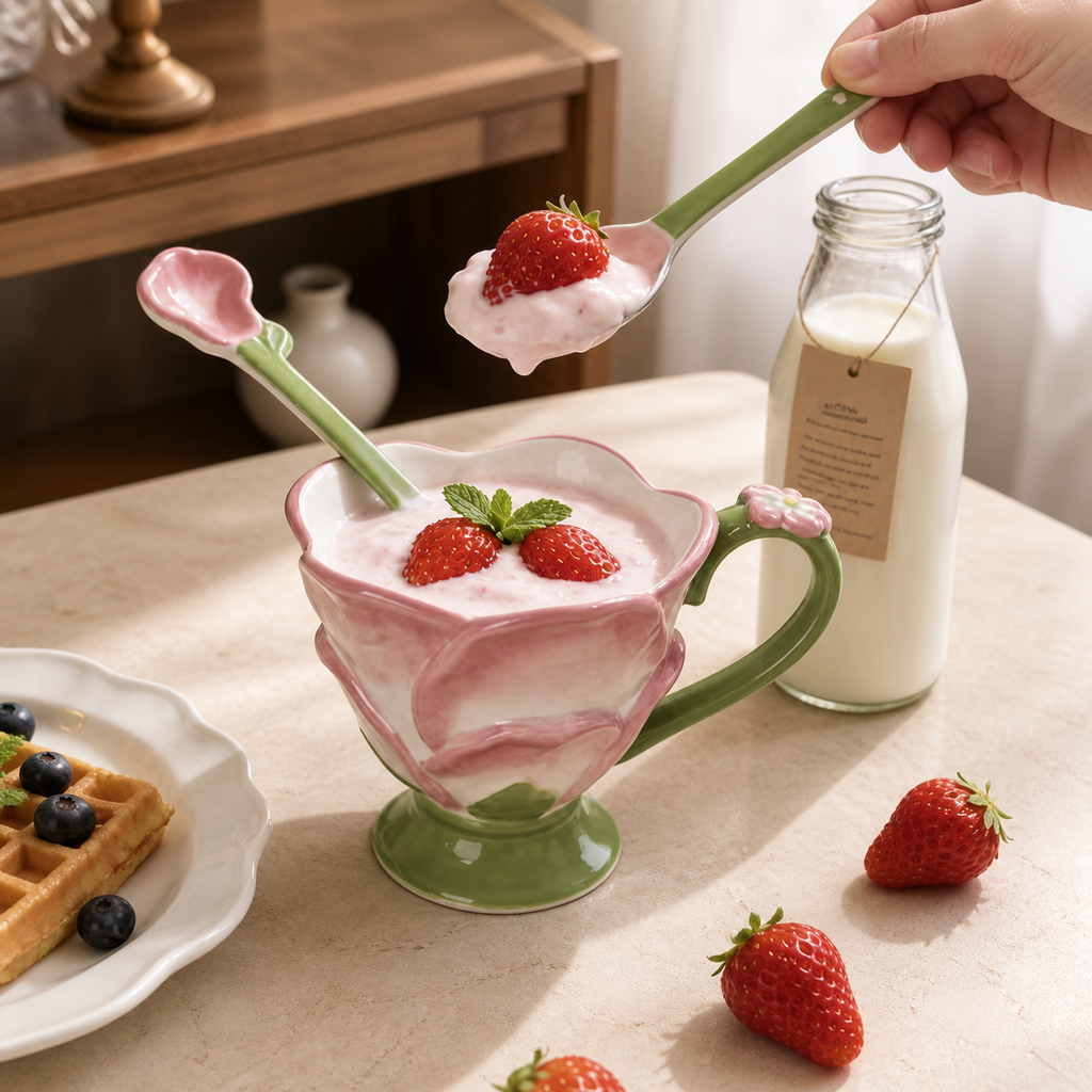 Pink Lotus Ceramic Mug – 350ml Floral Coffee Cup with Spoon